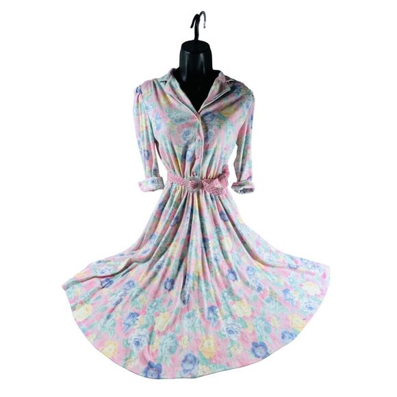 Vintage Miss Oops California  Floral Button-Down Dress With Belt Pastel Pink & B - Picture 1 of 16